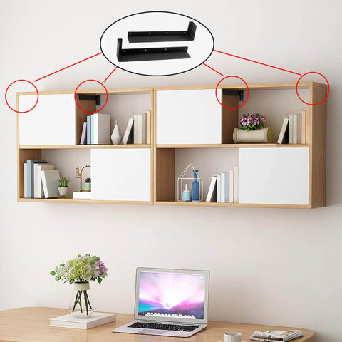 Heavy Duty Metal Shelf Brackets For Wall Mounting, holding wooden shelves, displayed in a home office setting with a laptop.