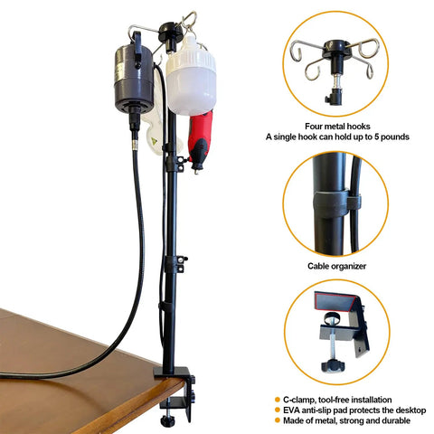 Rock Solid Rotary Tool Stand With Adjustable Height Table Clamp And Flexible Shaft Hook Rack For Dremel Foredom Shops, metal build, four hooks