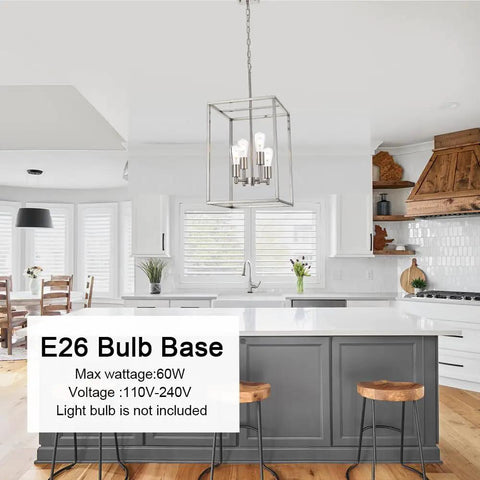 Brushed Nickel 4 Light Chandelier For Foyer And Dining Room Industrial Lantern Pendant Light With Metal Square Ceiling Hanging Design Dope Modern Vibe above kitchen island