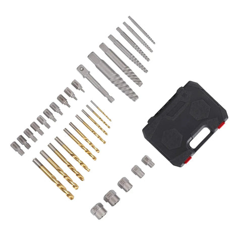 Grab This Awesome 32 Pc Screw Extractor Set With Heavy Duty Reverse Drill Bits For Fixing Stripped Bolts And Broken Nuts Like A Boss Using Tough Chrome Molybdenum Steel Tools With Storage Case. 32-piece chrome moly steel screw extractor set with drill bits and case