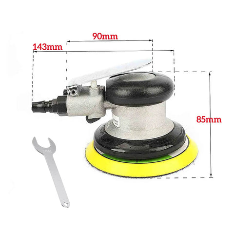 Portable 5 Inch Random Orbital Air Sander Polisher With 10000 RPM Low Noise Ergonomic Grip For Cars Glass Furniture Plastics And Paint Polishing Buffing And Waxing Faster Than Hand Polishing in side view with dimensional measurements next to a wrench