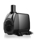 AC Infinity black submersible water pump with top outlet, front vent grille, suction feet, side view
