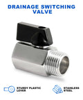 Stainless steel drainage switching valve with sturdy plastic lever, part of 2 Pack One Half Inch Hot Water Heater Drain Plug Kit for RVs and Trailers.