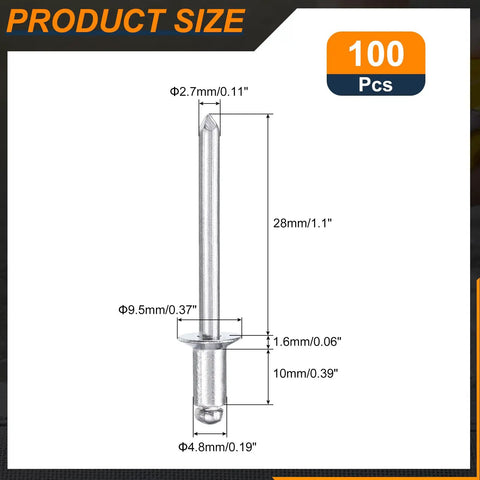 100 Pack 3/16x3/8 Aluminum Countersunk Blind Rivets Silver Open End Fasteners showing product size measurements and details.