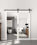 36x80 Inch Mirror Barn Door With Sliding Hardware Kit Included Full Length One Lite Mirror Door White Finish Solid Wood Core With Waterproof PVC Surface Scratch Resistant No Assembly Required, shown installed in a modern bathroom.