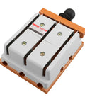 Heavy Duty 380V 100A 3 Pole Double Throw Electric Knife Switch Featuring Beefy Copper Contacts For Quick Dual Power Swap And No Sweat Circuit Control Or Shop Setup, front view, gray material, toggle handle.