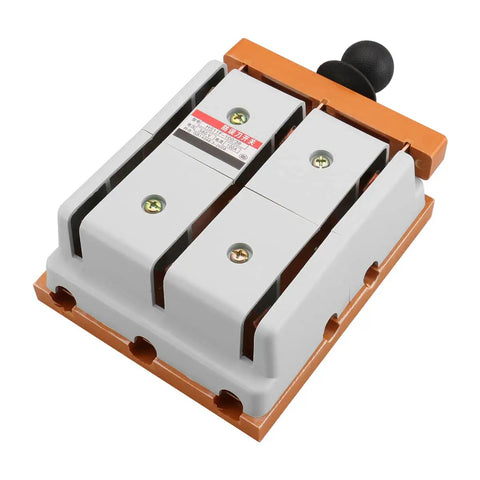 Heavy Duty 380V 100A 3 Pole Double Throw Electric Knife Switch Featuring Beefy Copper Contacts For Quick Dual Power Swap And No Sweat Circuit Control Or Shop Setup, front view, gray material, toggle handle.