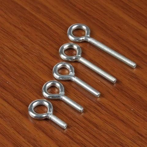 Heavy Duty Eye Bolts Set 10 Pcs Lifting Eye Nuts Hooks Bolts Kit Carbon Steel M4x12 15 20 30 40 mm Eye Size 40mm For Lifting Hanging Rigging And Secure Connections, five eye bolts on wood