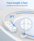 Diagram of Flat Plug Extension Cord With 3 Outlets For Indoor Use, Low Profile White 3 Ft Power Strip With 3 Prongs Grounded, 16/3 AWG, 13A showing dimensions