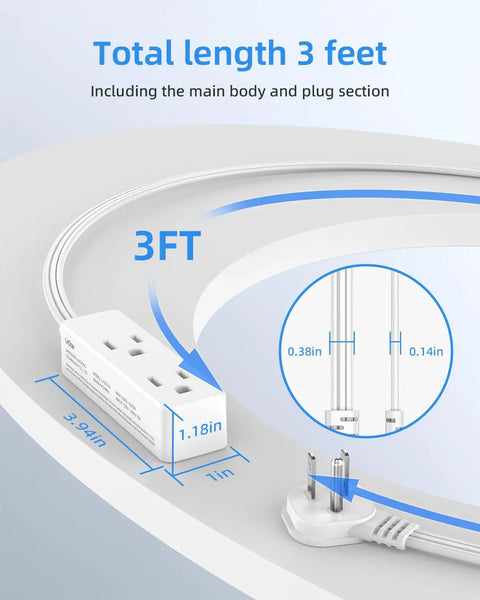 Diagram of Flat Plug Extension Cord With 3 Outlets For Indoor Use, Low Profile White 3 Ft Power Strip With 3 Prongs Grounded, 16/3 AWG, 13A showing dimensions