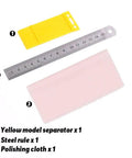 Contents of 21Pcs Modeler Basic Tools Craft Set with yellow model separator, steel rule, and polishing cloth