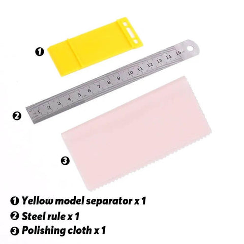 Contents of 21Pcs Modeler Basic Tools Craft Set with yellow model separator, steel rule, and polishing cloth