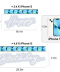 Size comparison of Happy Birthday Neon Light Sign White LED 25.6x16 Inches with Dimmable Switch next to iPhone 13.
