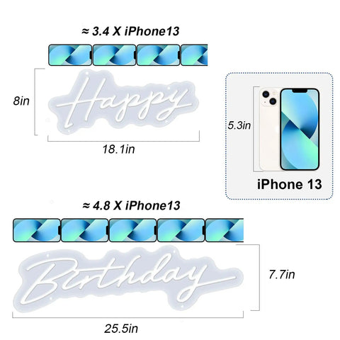 Size comparison of Happy Birthday Neon Light Sign White LED 25.6x16 Inches with Dimmable Switch next to iPhone 13.