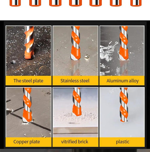 Triangular Tungsten Steel Drill Bit Featuring A Threaded Shank To Knock Out Clean Holes Through Concrete Marble Hardwood And Drywall drilling through various materials.