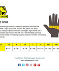 Glove sizing chart for Premium Grain Goatskin TIG Welding Glove With Flame Resistant Cotton Kevlar Stitching, hand measurement guide.