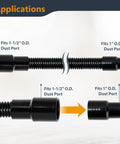 Close-up of 10 Ft Flexible Vacuum Hose Dust Collection Kit applications showing connections to 1in and 1-1/2in ports.