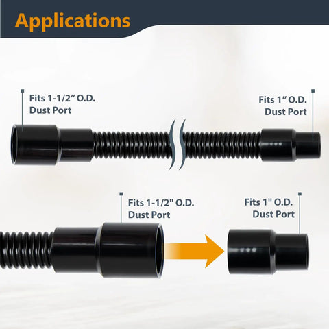 Close-up of 10 Ft Flexible Vacuum Hose Dust Collection Kit applications showing connections to 1in and 1-1/2in ports.