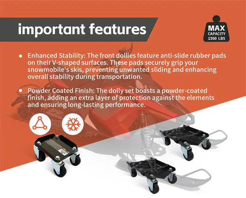 Snowmobile Moving Dolly Set With 1500 Lb Load Capacity V Slide Anti Slip Rubber Pads Straps For Secure Attachment To Skis