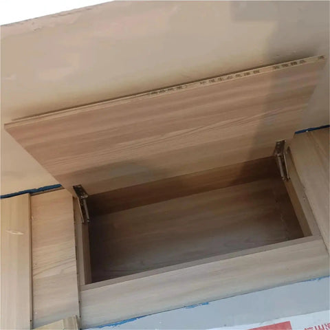 90 Degree Lift Up Cabinet Hinges Set 1 Pair With Soft Close Damping System installed on wooden cabinet