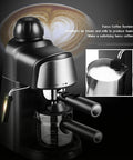 Top Tier Countertop Espresso Machine With Integrated Stainless Steel Steam Wand For Killer Cappuccino And Smooth Latte Pulls High Pressure Home Barista Setup In Sleek Black with metal steam wand and glass carafe.