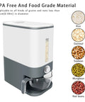 BPA-free rice dispenser with airtight seal and measuring cup, shown with rice, oatmeal, soybean, mungbean, and red beans images.