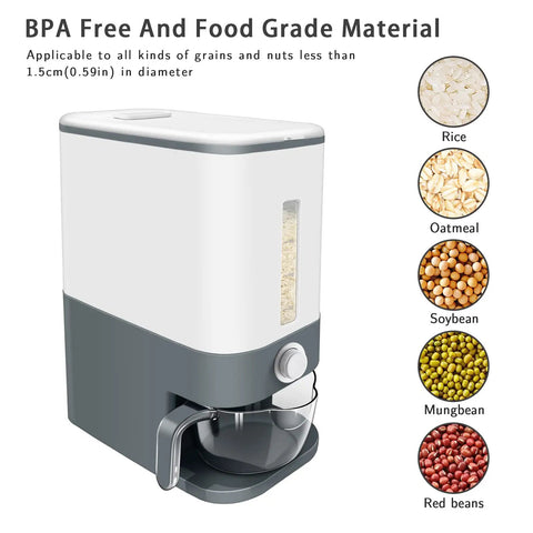 BPA-free rice dispenser with airtight seal and measuring cup, shown with rice, oatmeal, soybean, mungbean, and red beans images.