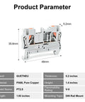 Top Shelf 100 Piece Push In Terminal Blocks For Smooth Screwless Wiring Featuring Heavy Duty PA66 Housing And Rock Solid Copper Contacts Rated For Two Point Five Millimeter Gauges, showing dimensions and design.