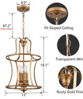 Modern Lantern Pendant Light With Four Lights In A Rusty Gold Finish showing size, adjustable height, and parts details.