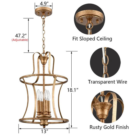 Modern Lantern Pendant Light With Four Lights In A Rusty Gold Finish showing size, adjustable height, and parts details.
