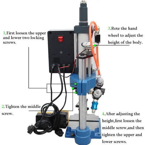 Desktop Pneumatic Punch Press Machine With 110V Power And 440 Lb And 200 Kg Of Force, detailed view with instructions.