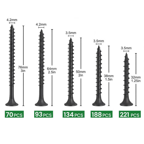 Rock Solid Heavy Duty Drywall Screws 1 1 4 Inch Coarse Thread Carbon Steel Black Phosphate Finish Phillips Drive Bugle Head For Wall Studs Dead Set Tight Grip Built To Last Construction Pack 221 displayed in sizes 1.25 to 3 inches.