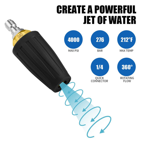 Turbo Nozzle For Pressure Washer 4000 PSI Rotating Spray Tip With One Quarter Inch Quick Connect 4.0 GPM Heavy Duty
