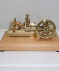 Mini Retro Horizontal Steam Engine Model Kit With Dope Brass Construction on wooden base, side view