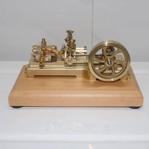 Mini Retro Horizontal Steam Engine Model Kit With Dope Brass Construction on wooden base, side view