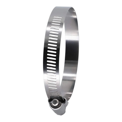 RoadFormer 3.5in worm gear hose clamp, side view, full stainless steel, 1/2in band, 78–102 mm range
