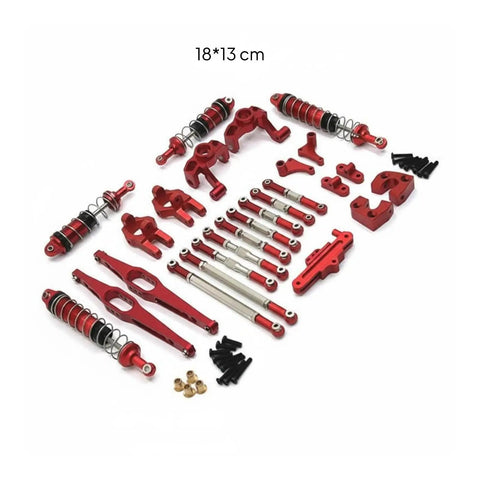 Sick Steel Steering Upgrade Linkage Set For Wltoys 12429 RC Car, 18x13 cm, red steel parts, enhancing steering and damping system.