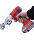 CUBELLIN 36V Cordless Electric Metal Shears Two-Speed Cutter With Dual Batteries held in hand, sharp chrome vanadium blade visible.