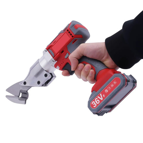 CUBELLIN 36V Cordless Electric Metal Shears Two-Speed Cutter With Dual Batteries held in hand, sharp chrome vanadium blade visible.