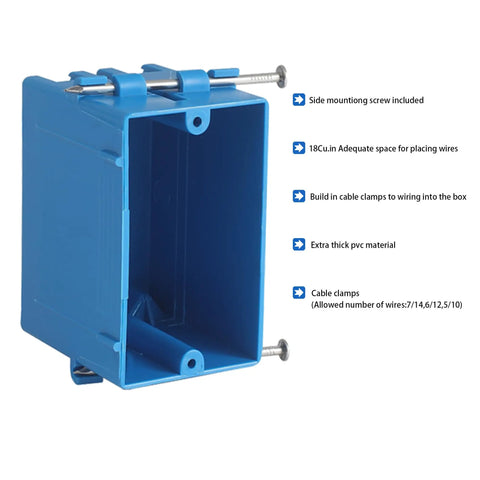 20 Pack 18 Cu In PVC Electrical Outlet Boxes Single Gang New Work Junction Box Switch Box for Residential and Commercial Use Blue open view with screws