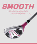 Close-up of Women's Golf Club Set With Driver, Fairway Wood, Hybrid, Six PW Irons, Putter, Pink ultra-light graphite shaft.