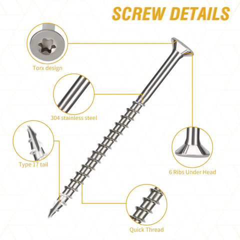 Heavy Duty Stainless Steel 304 Wood Deck Screws, 3 Inch Flat Head With T25 Torx Drive, features detailed view of screw design