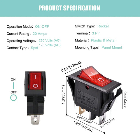 Top Shelf Red Illuminated Rocker Switch 3 Pin 2 Position SPST Toggle With Knockout Glow, panel mount, plastic, metal, 1.3x0.63x1.5in design.