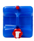 7 Gallon Rigid Water Container Aqua Tainer with hideaway spigot and reversible cap, blue, space saving, camping container front view