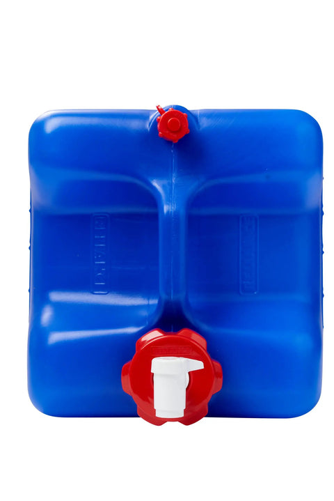 7 Gallon Rigid Water Container Aqua Tainer with hideaway spigot and reversible cap, blue, space saving, camping container front view