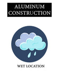Image showing aluminum construction with a cloud icon indicating wet location suitability for outdoor wall light.