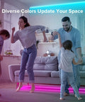 Family enjoying vibrant lighting from Ultra Bright FCOB RGB LED Strip Light 810 LEDs Per Meter on living room cabinet decor.