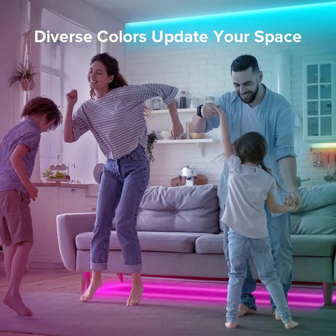 Family enjoying vibrant lighting from Ultra Bright FCOB RGB LED Strip Light 810 LEDs Per Meter on living room cabinet decor.
