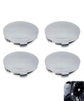 Four Pack Universal Snap In Wheel Center Hub Caps In Matte Silver Sheen heavy duty polymer with secure clips for easy installation.