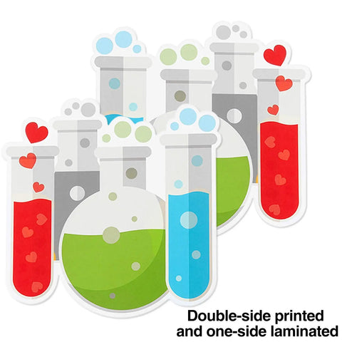 Science Bulletin Board Decorations Pack 45 Piece Set With 9 Styles Colorful Lab Cut Outs showing test tubes and flasks.